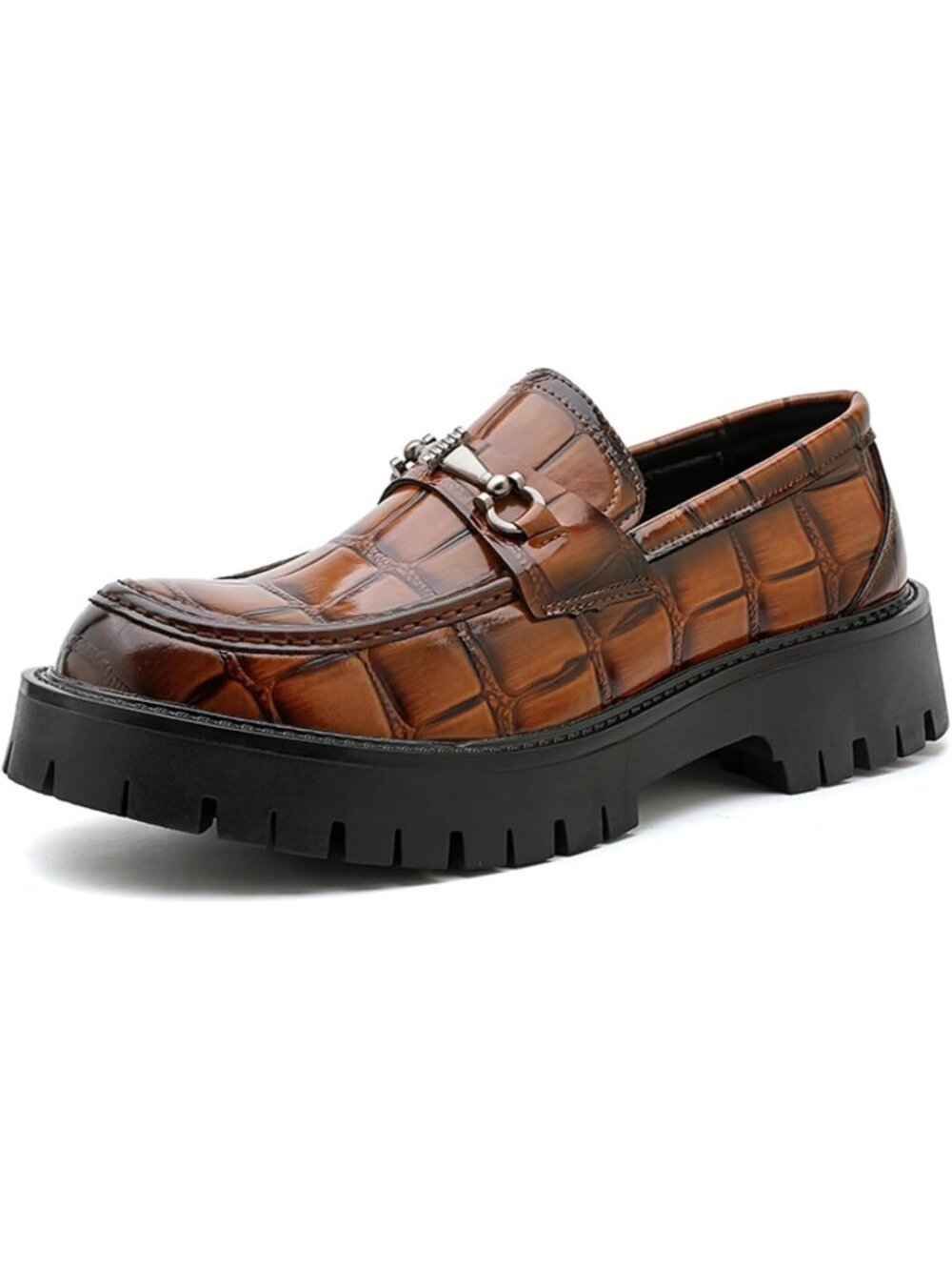 Men's Brown 1 Round Toe Patent Leather Platform Heel Horsebit Penny Loafers